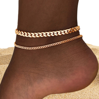 2PCS Simple Thick Thin Minimalist Gold Color Metal Chain Anklet Set for Women Casual Ankle Bracelet on Foot Jewelry Accessories