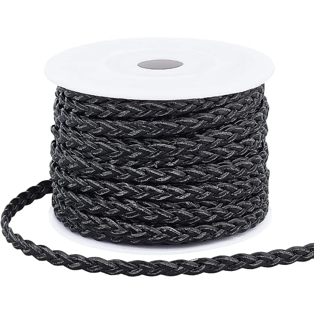 10.9 Yard Braided Leather Strip 5mm 3 Ply Hand Braided Cord Black Bolo PU Leather Cord Flat Folded Leather Cord forMen Women