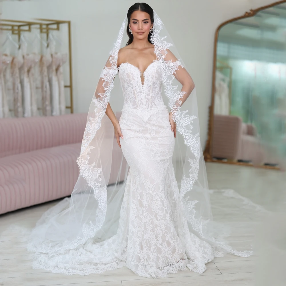 섹시한 여성 인어 웨딩드레스 맞춤형 오프숄더 V넥 레이스 아플리케 스윕 트레인 럭셔리 신부 드레스 맞춤 제작