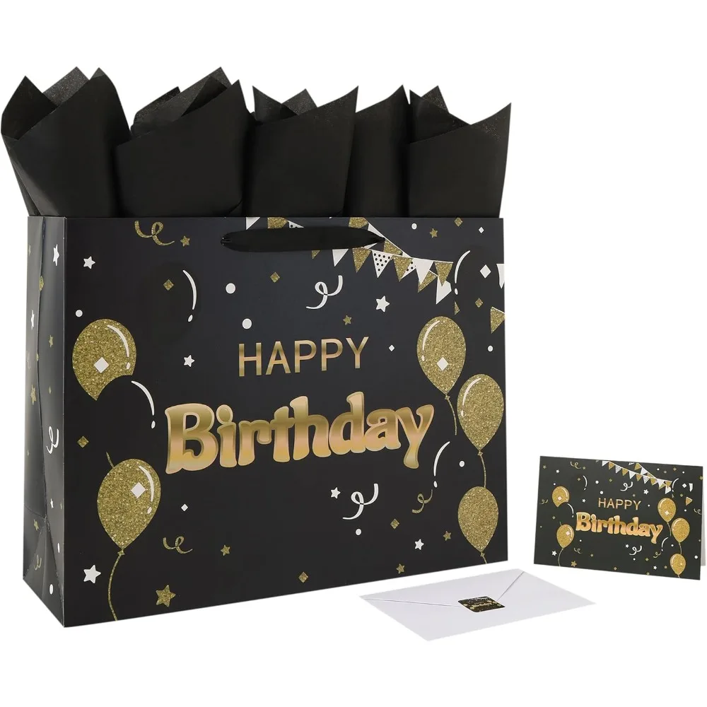 

16.5” Extra Large Black Happy Birthday Gift Bag Set with Handles, Greeting Card, Tissue Papers and Stickers for Women Girls Men