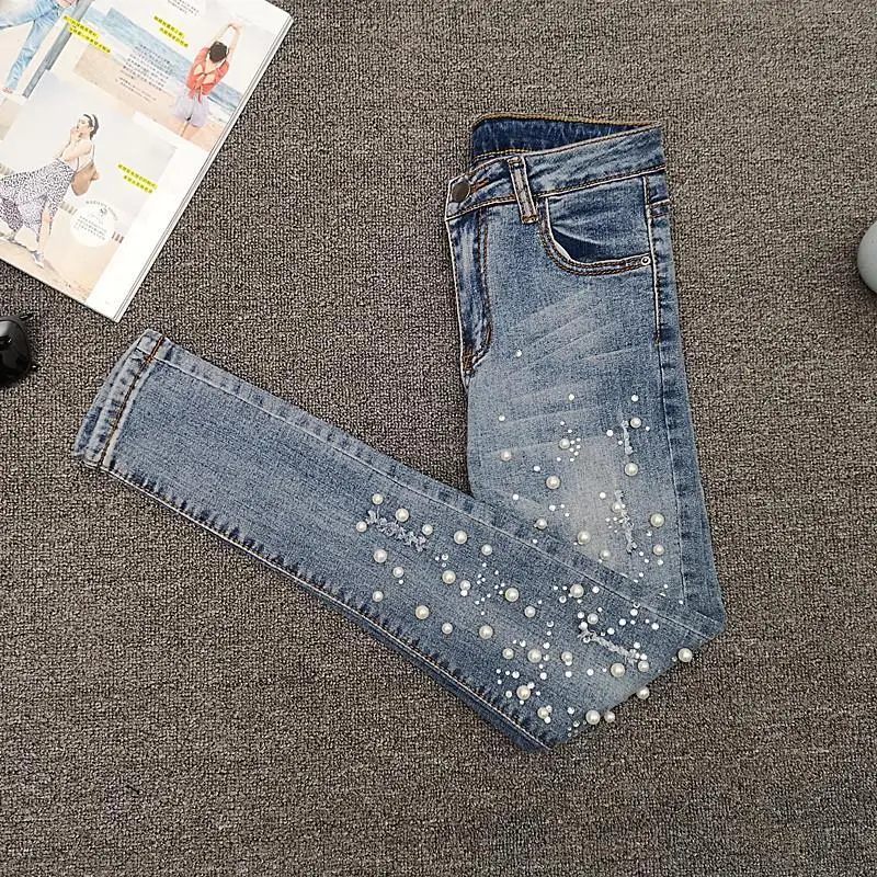 European Station Nail Bead Jeans Women\'s Spring and Summer Versatile Perforated Elastic Slimming Tight Fitting Cropped Pants