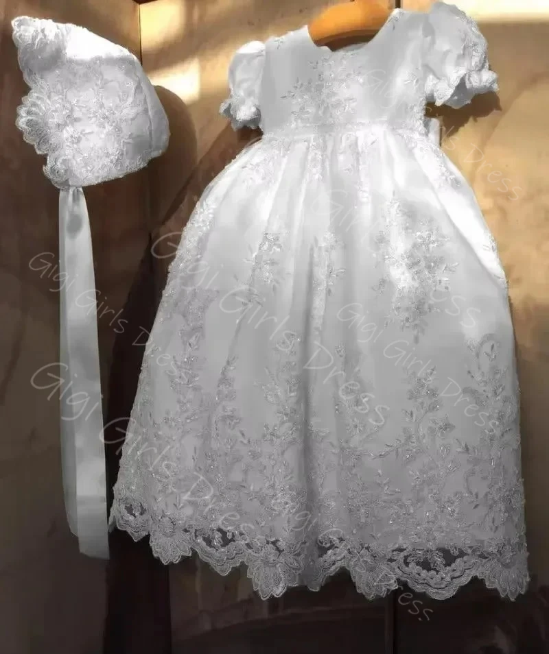 Baby Girls Christening Dress Infants 2 Pieces Baptism Dress with Lace Bonnet Newborns Tulle First Birthday Party Gown 0-24 Month