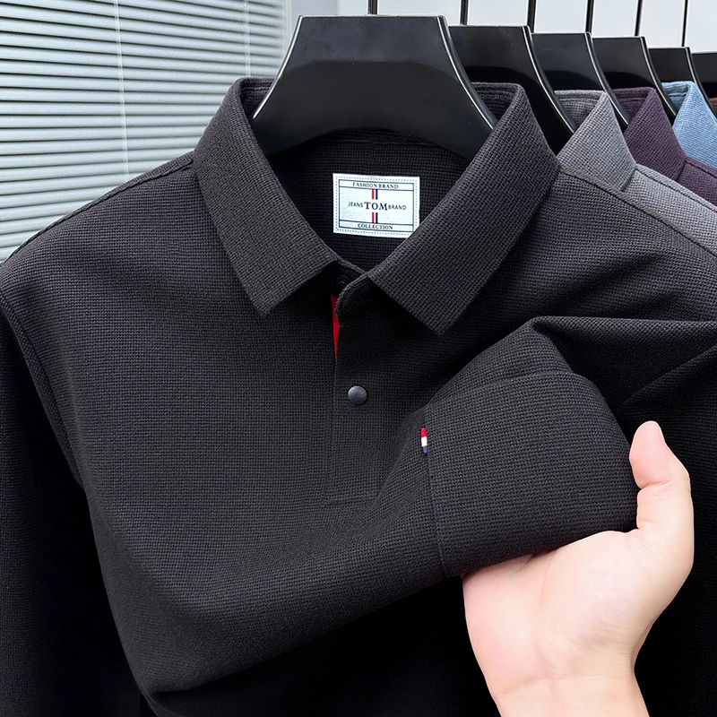Exquisite High-End Men's Lapel Polo Shirt New Autumn Pocket Design Solid Color Long Sleeved Tops Commuting Casual Men's Clothing