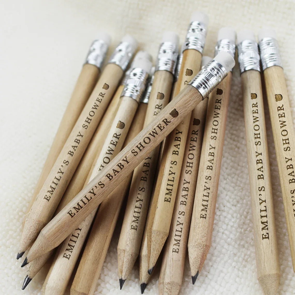 10 Uds. Lápices personalizados para Baby Shower, lápiz en miniatura grabado con láser, lápiz de madera, recuerdos para Baby Shower, suministros para fiestas