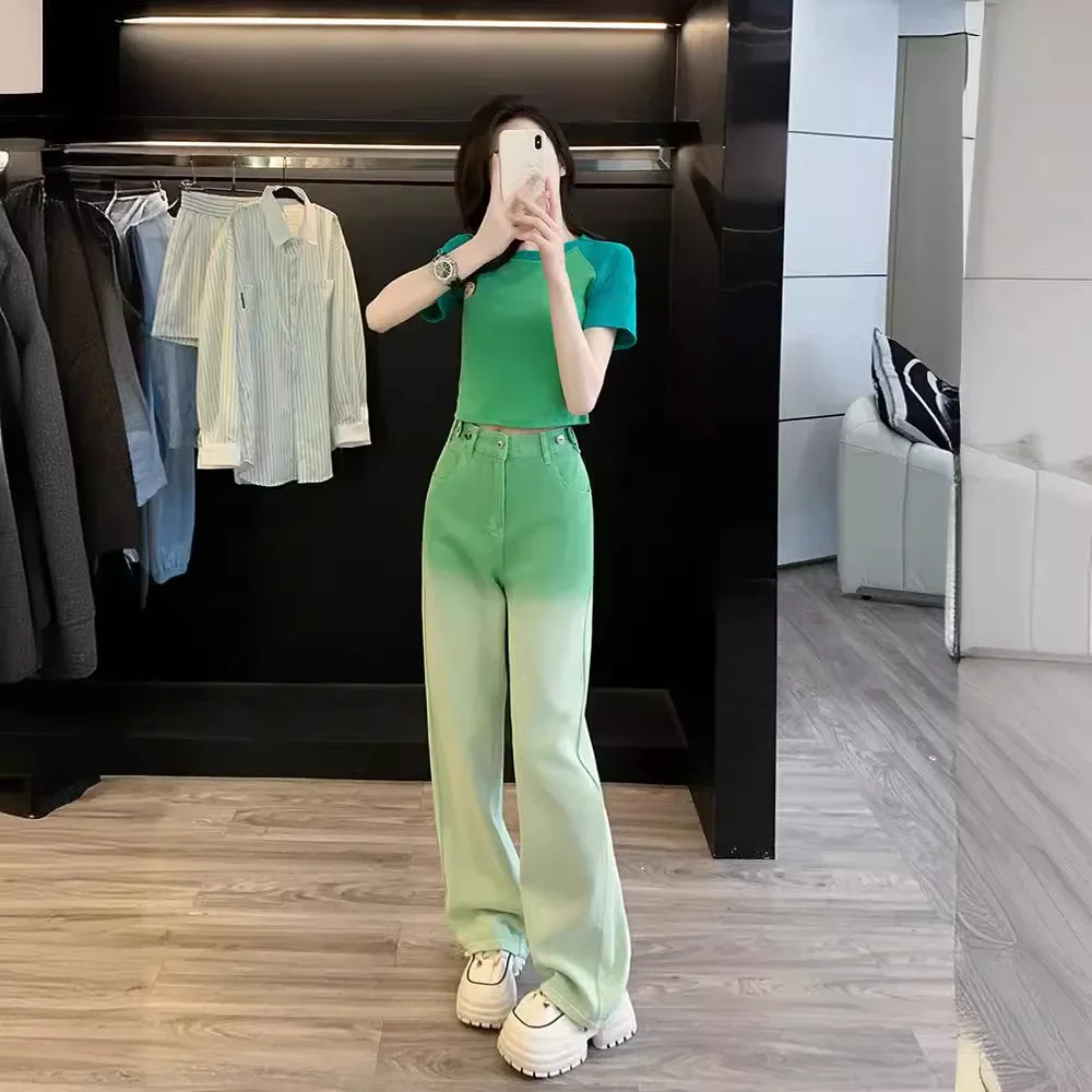 Green short-sleeved T-shirt jeans suit female 2024 new early autumn print slim shoulder short coat wide-leg pants two-piece suit