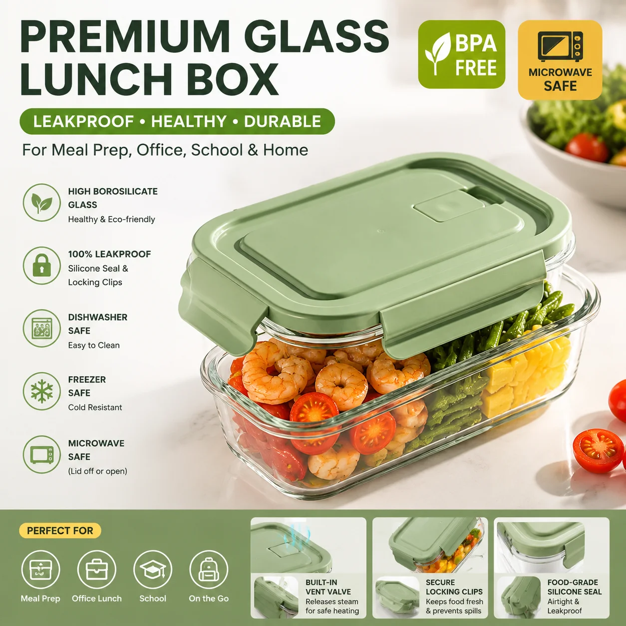 Meal Prep Healthy - High Borosilicate Glass Lunch Box Airtight