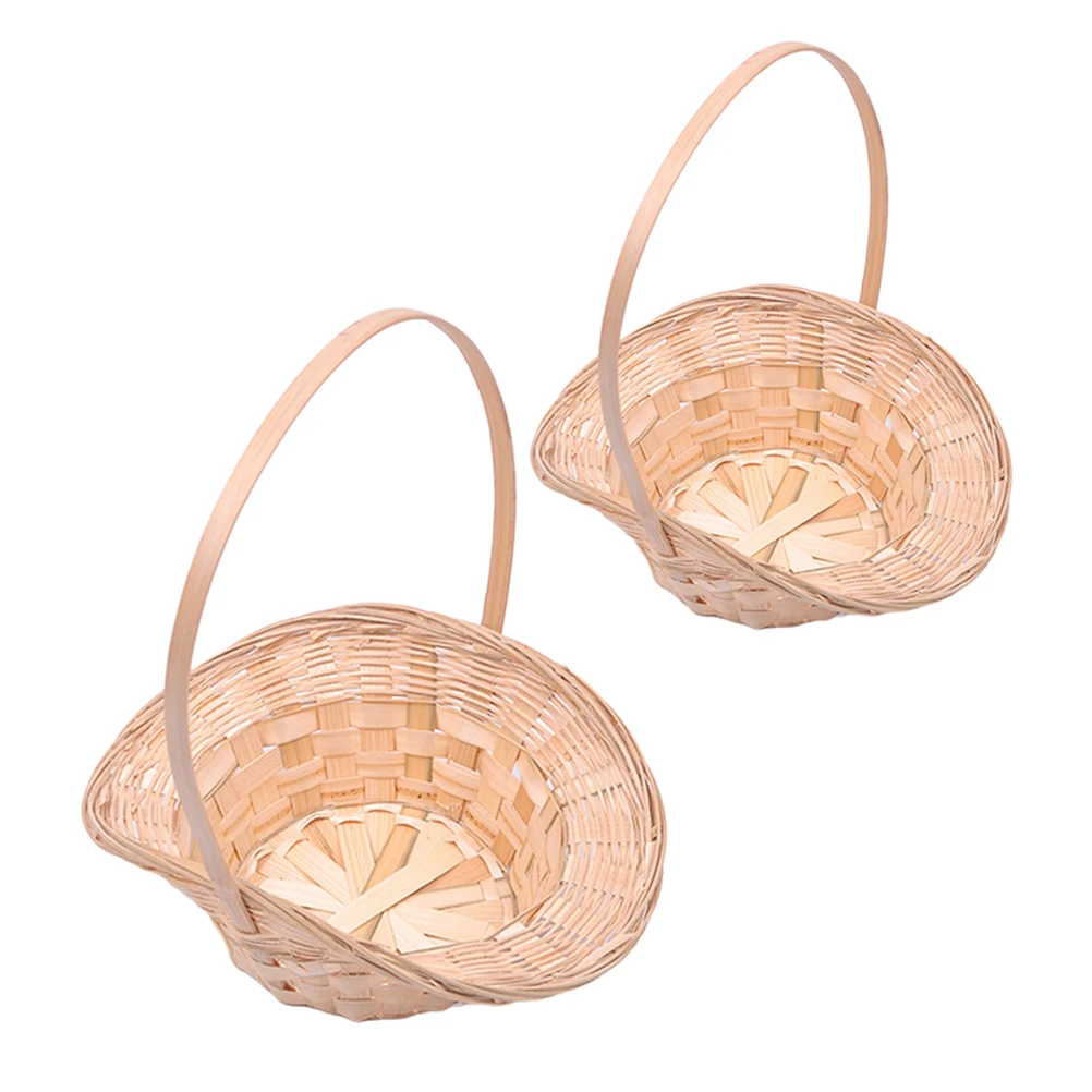 

2Pcs Bamboo Woven Baskets Handwoven Rustic Flower Basket for Wedding Picnic Home Decor Portable Handle Fruit Storage Container