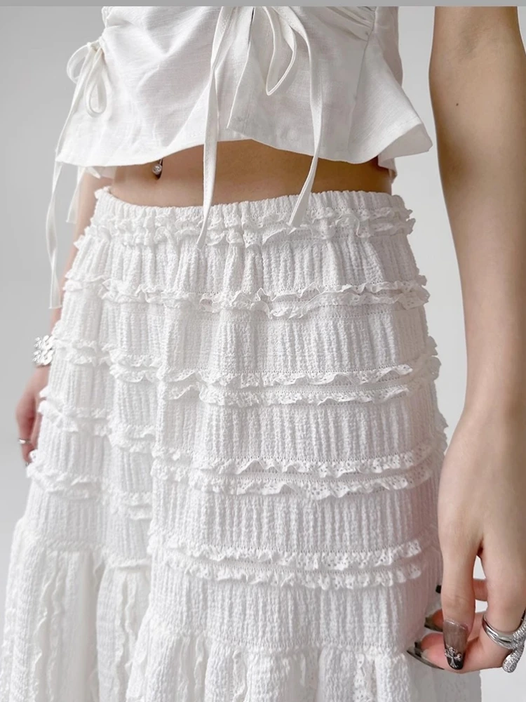 White Black Long Skirt Women Ruffle Skirt 2024 Gothic Sweet Spring Summer High Waisted Ruched Ruffle A-Line Pleated Skirts rok