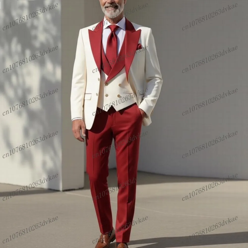 

New White And Red Men Suit Wedding Party Formal Groom Groomsman Prom Business Male Tuxedos 3 Piece Set Jacket Vest Pants