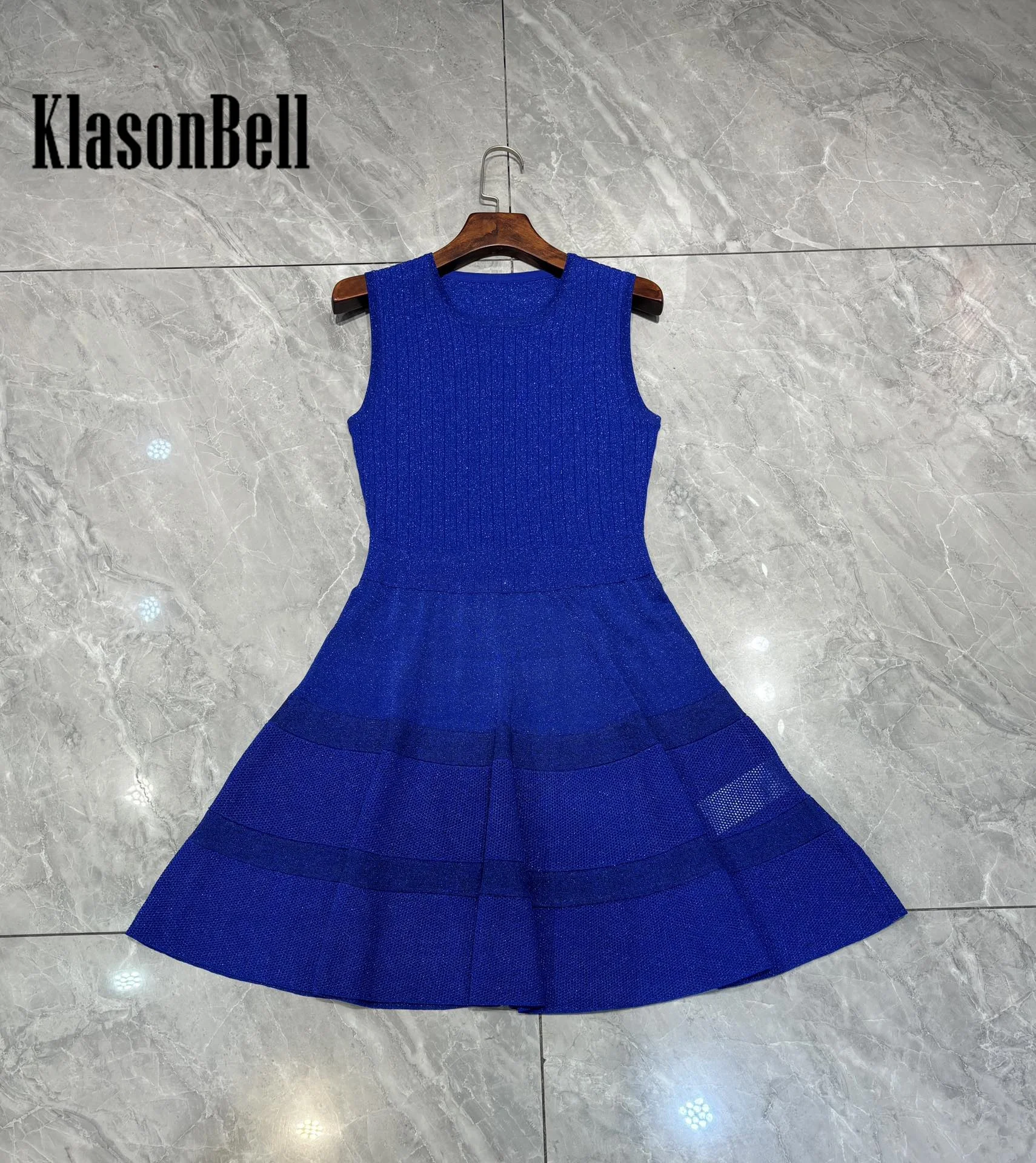 1.21 KlasonBell High Quality Bling Bright Silk Knit O-Neck Tank Dress For Women Sexy Hollow Out Collect Wist Party Short Dress