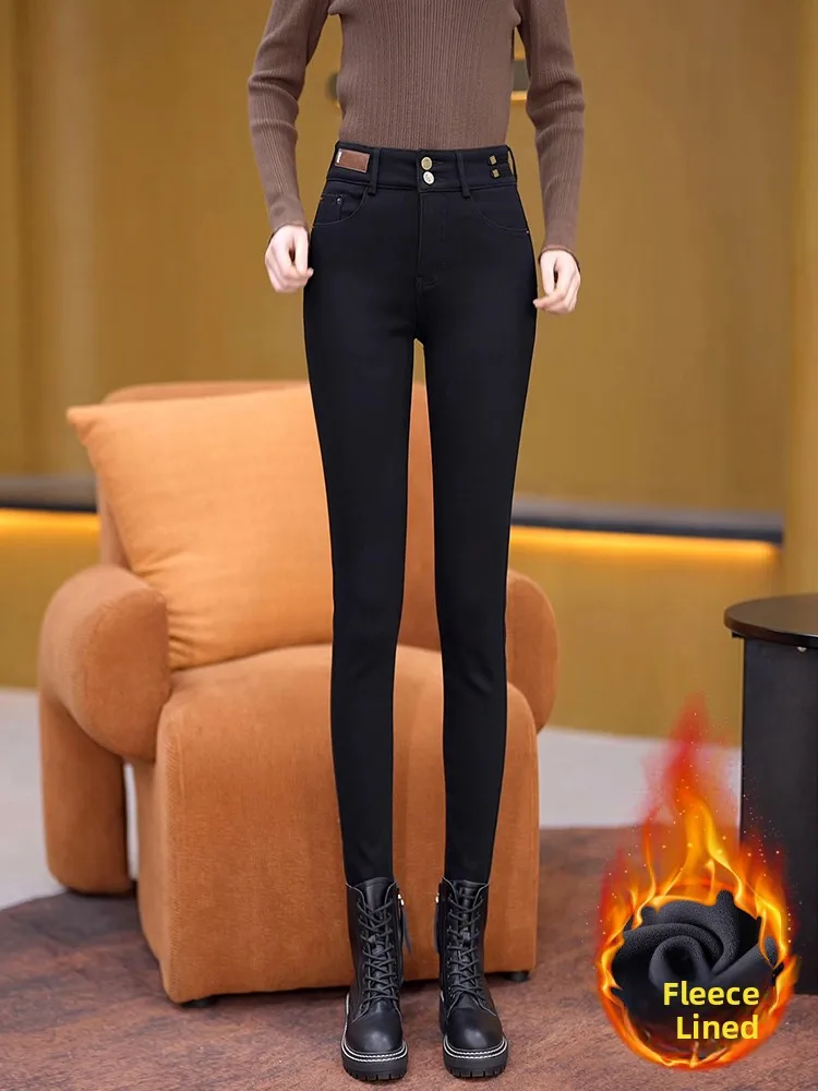 Thickened Fleece High Waist Denim Pants Women's Autumn Winter New Style Elastic Tight Fit Jeans Cotton Stretch Denim