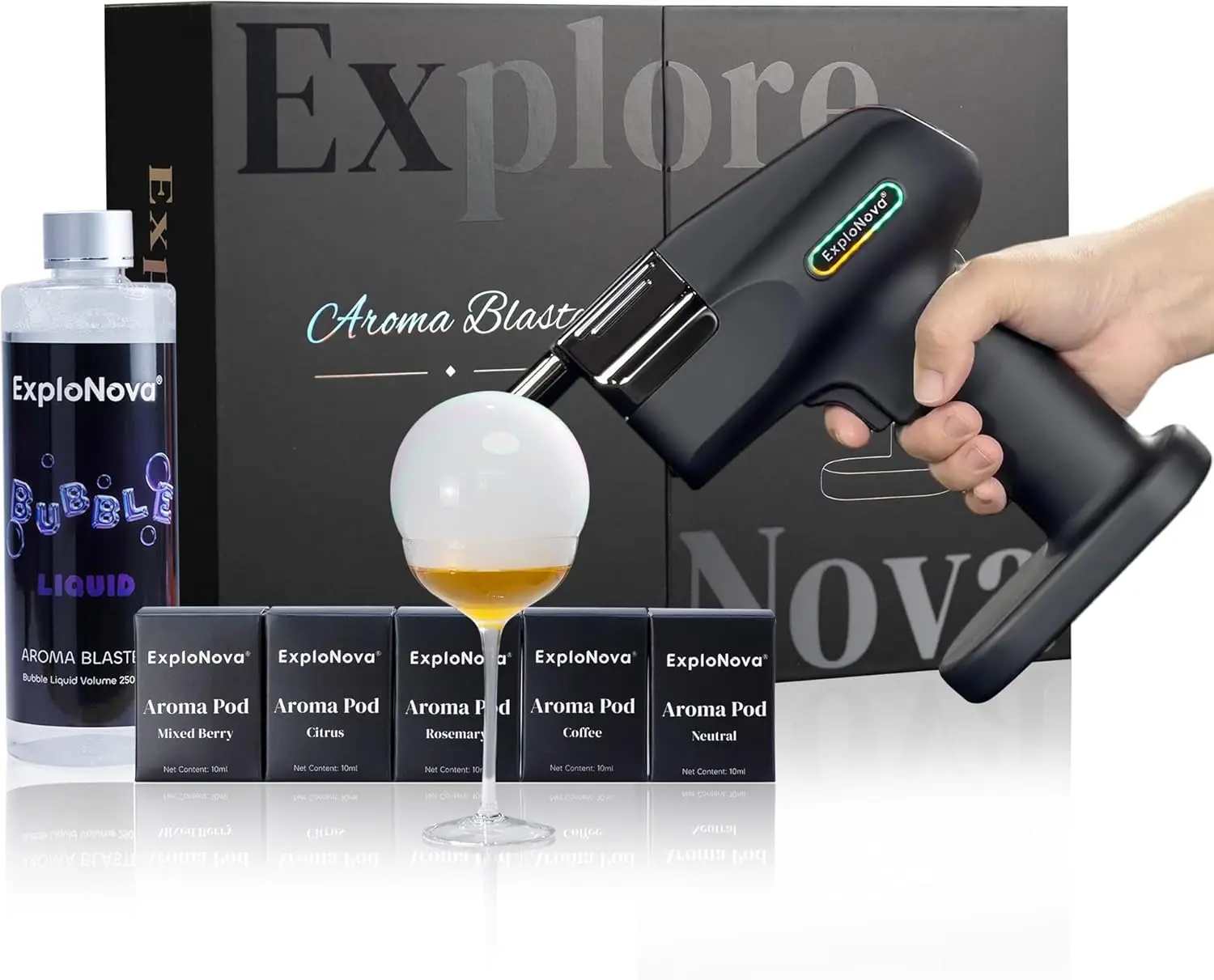 

Cocktail Bubble Smoke Gun with 5 Flavour Aroma Pods and Edible Bubbles, Electric Aroma Blaster