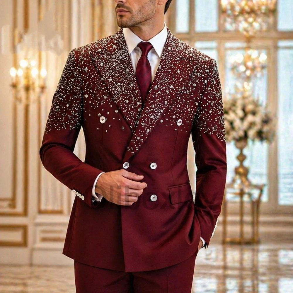 Olibexley Shiny Burgundy Men Suits 2 Pieces Set Crystal Beaded Slim Fit Male Prom Blazers Groom Wedding Tuxedos Customized S288