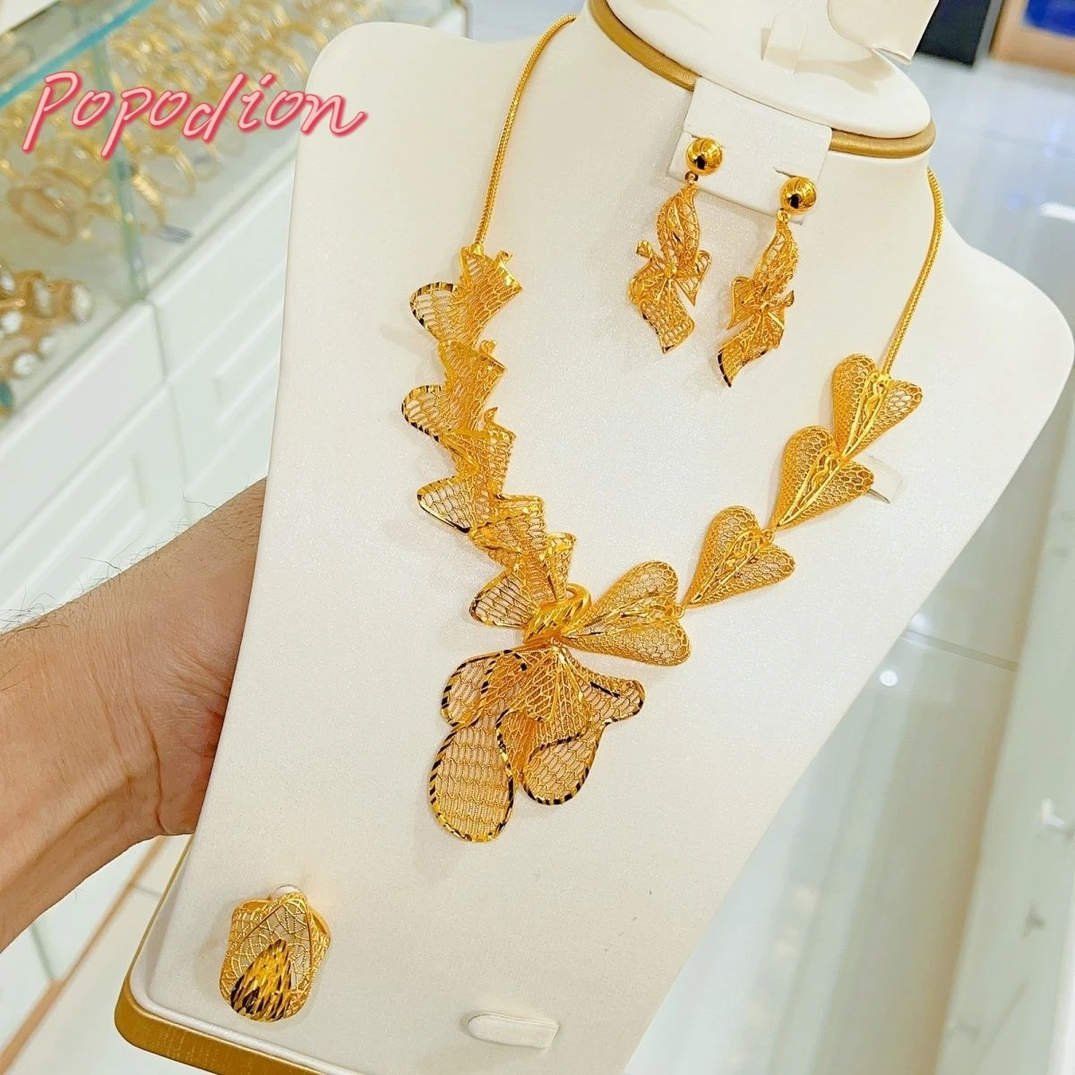 

Popodion New Dubai 24K Gold Plated Dubai Jewelry Wedding Necklace Women's Earrings Ring Boutique Three Piece Set YY10332