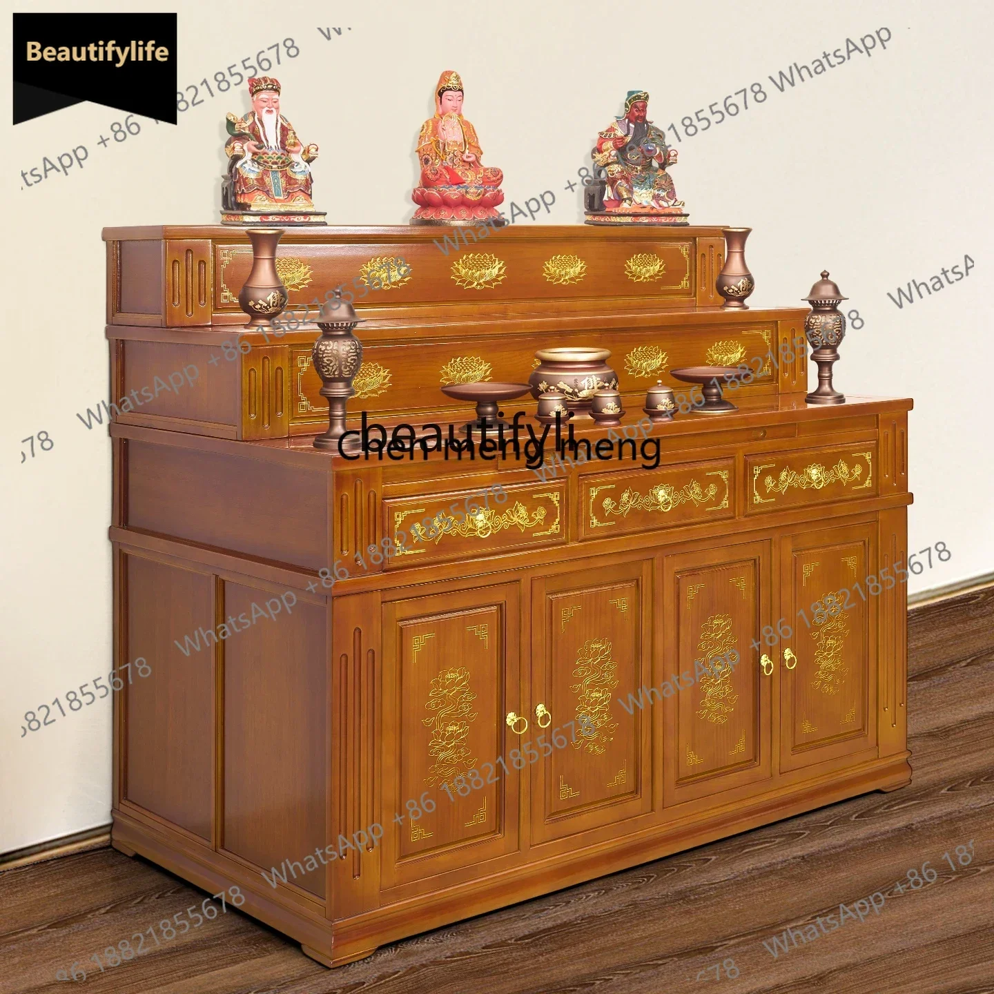 Y183ff Solid wood three-layer table for household use  mid-hall Buddhist table, stepped-up shrine Buddhist cabinet for table