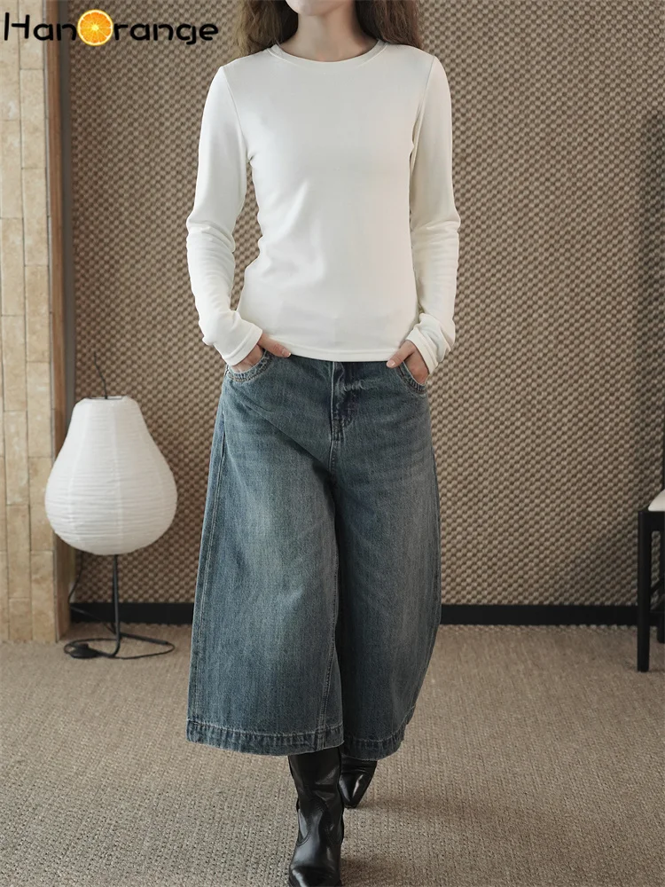 HanOrange 2025 الشتاء بسيط كسول س الرقبة البحرية رداء علوي من الصوف المرأة مريحة الدافئة سليم الأعلى أسود/أبيض حليبي