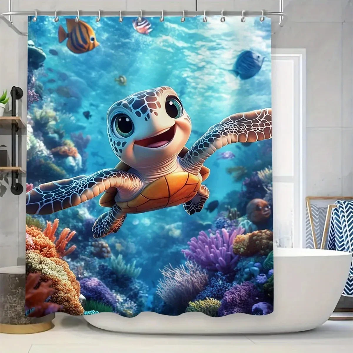4 Pcs Sea Turtle Shower Curtain Set Waterproof Fabric Bath Curtain Ocean Fish Non-Slip Bath Mat Toilet Lid Cover Decor