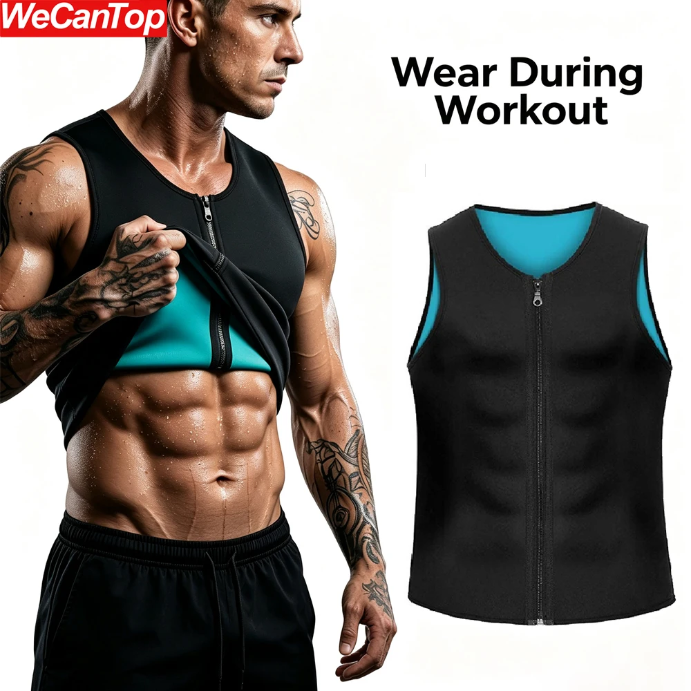 WECANTOP 1PCS Men’s Zipper Neoprene Sauna Vest Waist Trainer, Hot Sweat Body Shaper Corset Tank, Slimming Workout Fitness Shirt