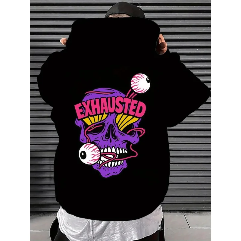 

Men's Gothic Skull with "exhausted" Back Print Hooded Sweater, Street Style Jumper Pink Letter Long Sleeve Casual Fit