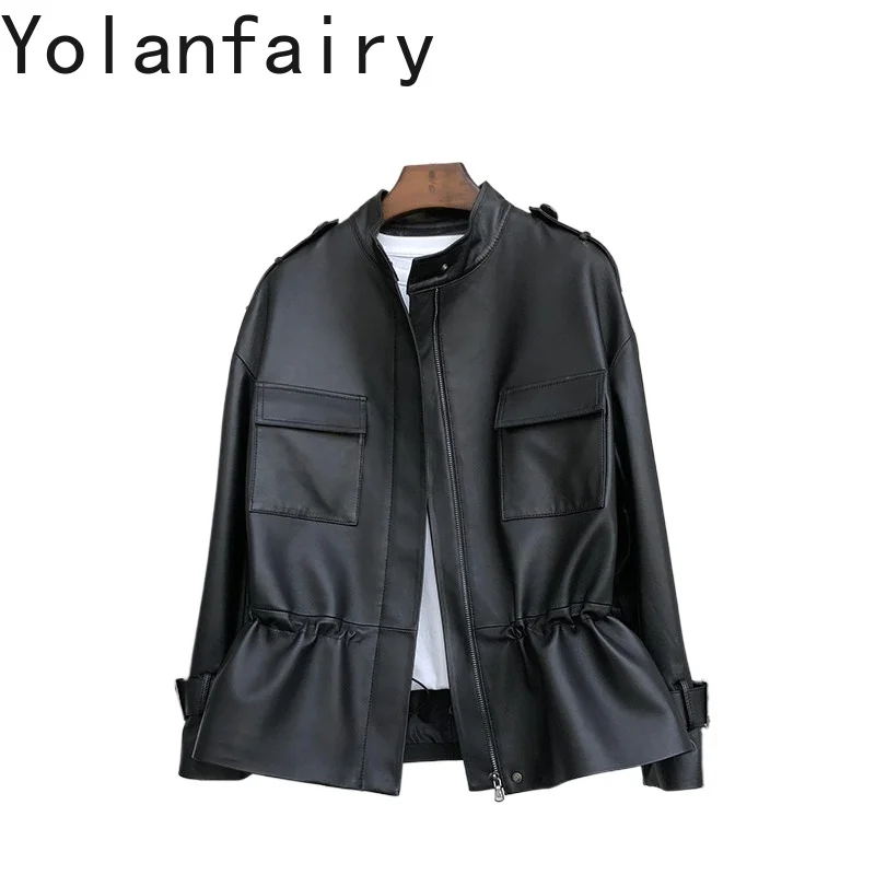 YOLANFAIRY Real Sheepskin Leather Trench Coats for Women 2026 High-end Genuine Leather Jacket Woman Stand Collar Fashion Casaco