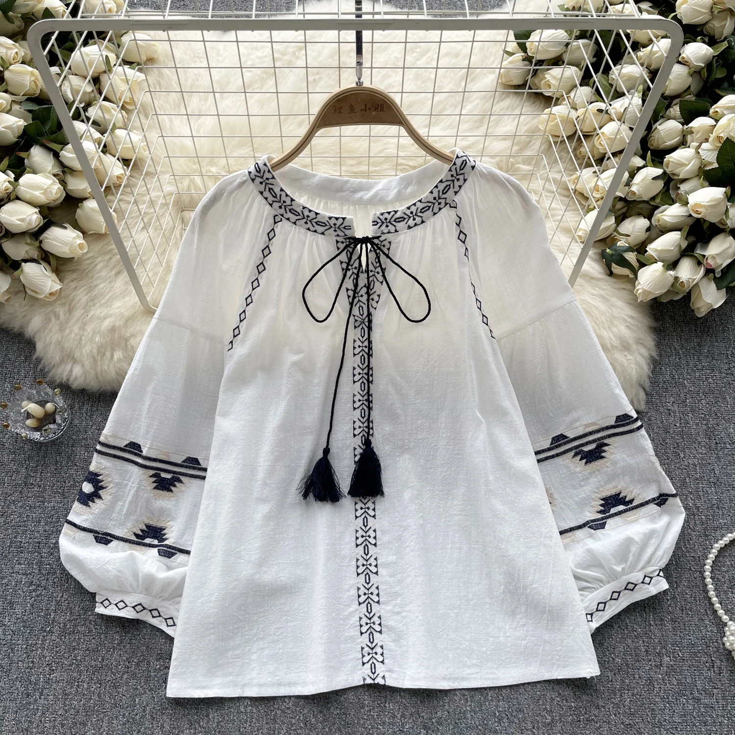 Vintage Elegant Embroidery Long Sleeve Blouse Fashion O-neck  Shirt  Casual Chic Top Fairy  Summer Women