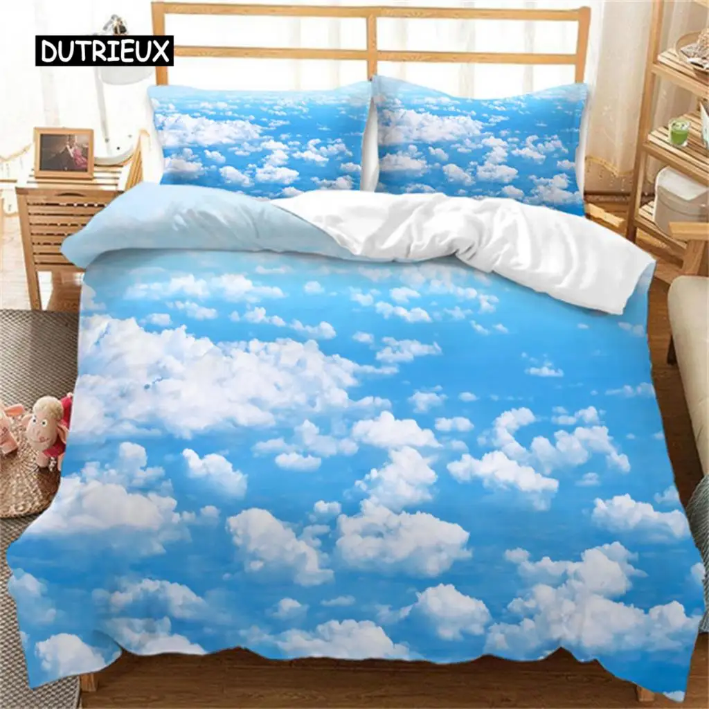 

Blue Sky White Clouds Duvet Cover Microfiber Natural Scenery Flowers Bedding Set Animal Bird Comforter Cover for Bedroom Decor