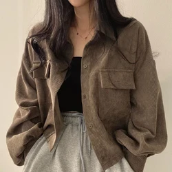 Autumn Retro Versatile Single Breasted Turndown Collar Long Sleeved Jacket for Women Coffee Casual with Pockets Loose Coat