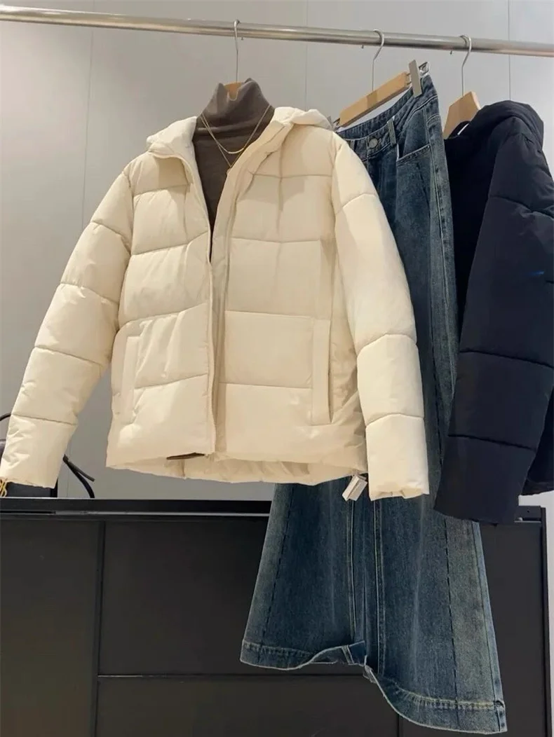

Warm Basic Style Casual Women's Cotton Jacket Pure Color Hooded Coat Loose Fit Versatile Outerwear for Autumn Winter