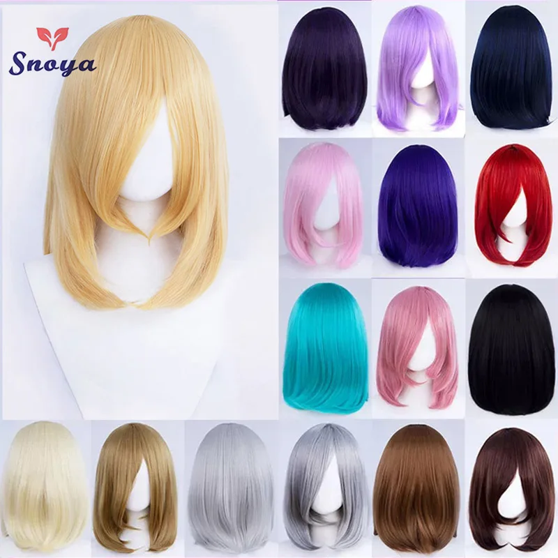 Snoya 45cm synthetic Medium length Cosplay Wig with bangs blonde pink red purple orange Wig Anime Party wig