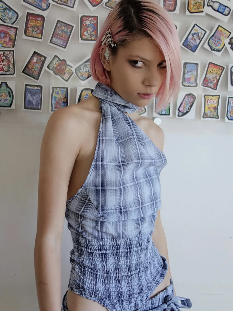 

Blondita Y2k Pure Desire American Retro Plaid Hanging Ne Top Bubble f Skirt Set Women's Faion Ensemble Polyester Fiber