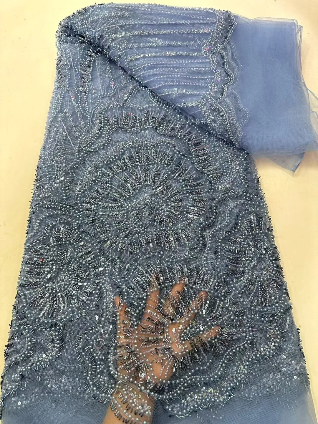5 YardsAfrican Brown Beaded Sequins Lace Fabrics Royal Blue Beads Tulle Lace Fabric Embroidered Lace Fabrics for Sewing view 2
