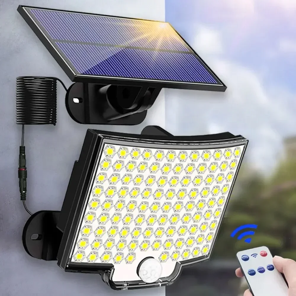 

106LED солнечный свет для улицы, водонепроницаемый с датчиком движения, прожектор с дистанционным управлением, 3 режима для патио, гаража, двора