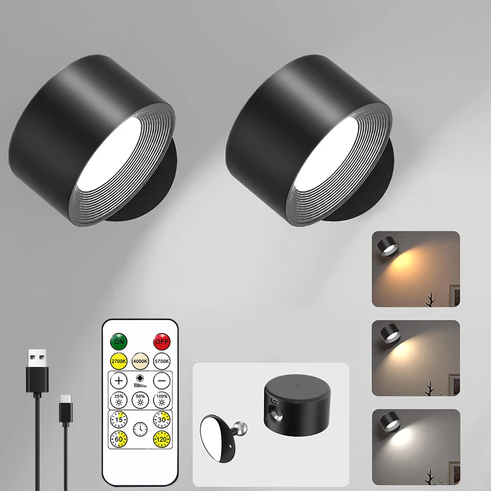 Portable Rechargeable Wall Mounted Reading Sconces Lamp 2000mAh LED Wall Light with Remote 3 Colors & Dimmable Magnetic 360° Rot