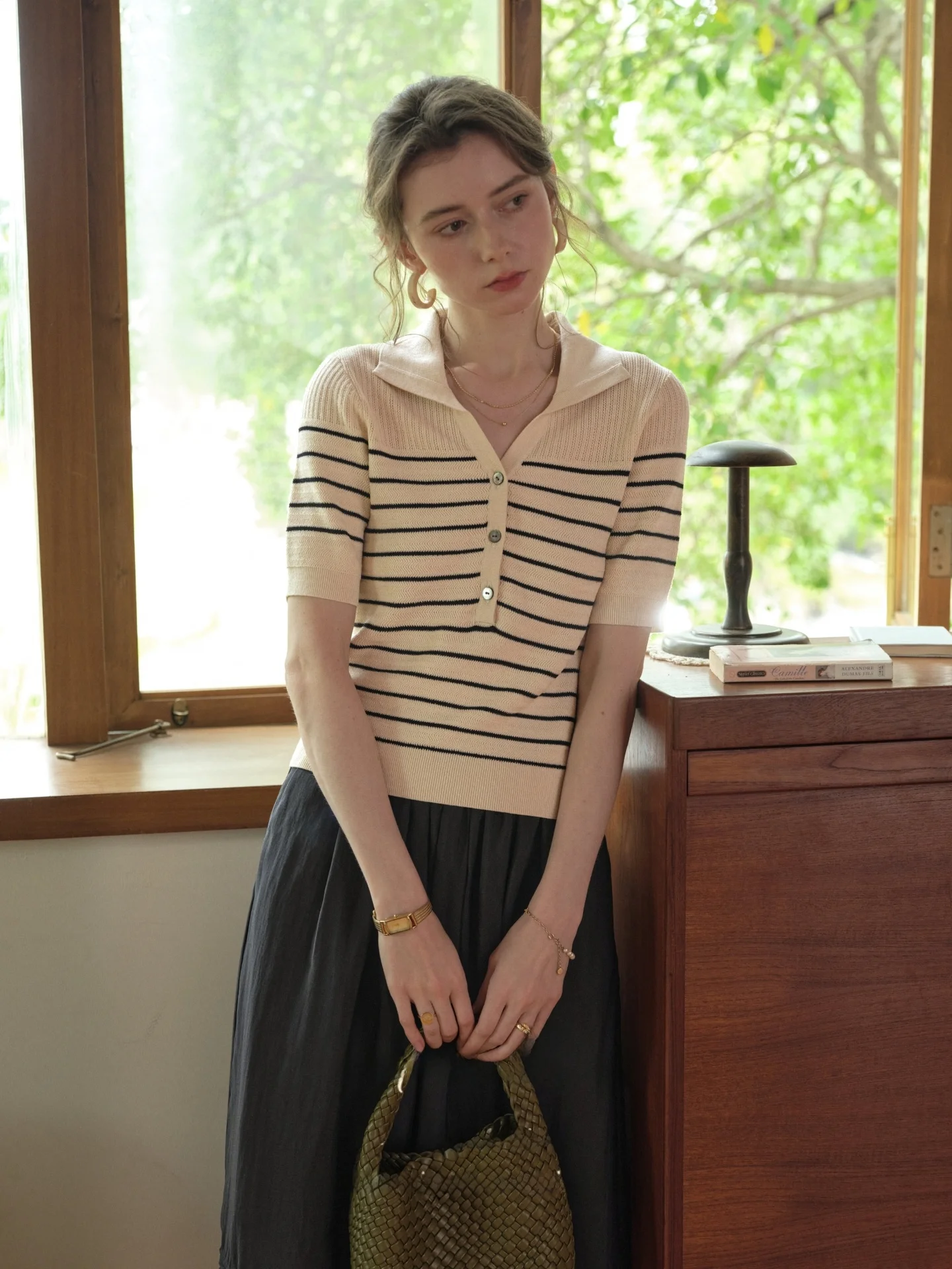 

SimpleRetro Women's Ne ort Sve Knitted T-irt Striped Old Money Sle Soft Polyester Blend Regular Fit Springwear