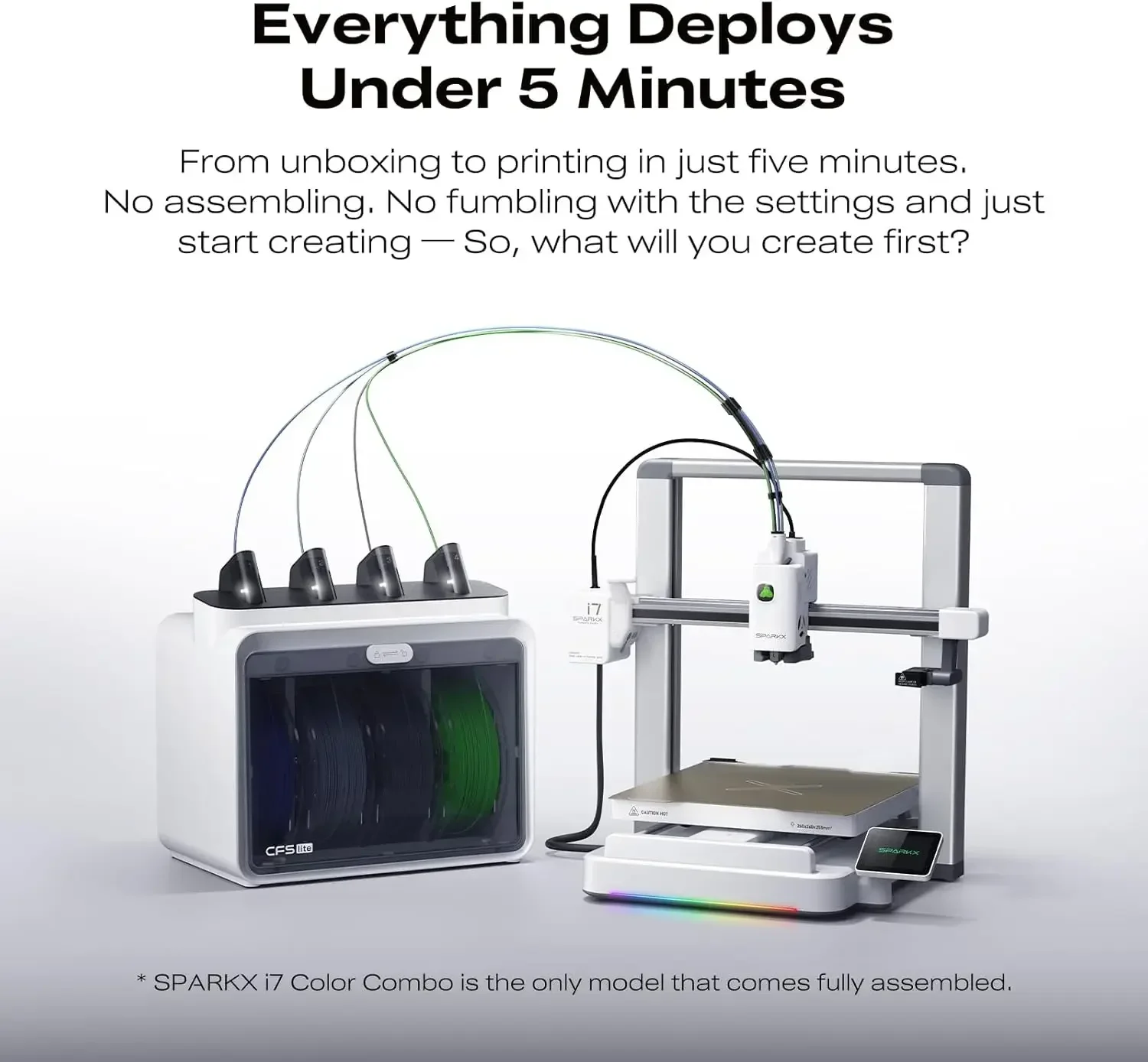SPARKX i7 Combo 3D Printer, Multi Color with CFS Lite High Speed AI Photo-to-3D Printing 95% Pre-Assemble Auto-Leveling Custom R
