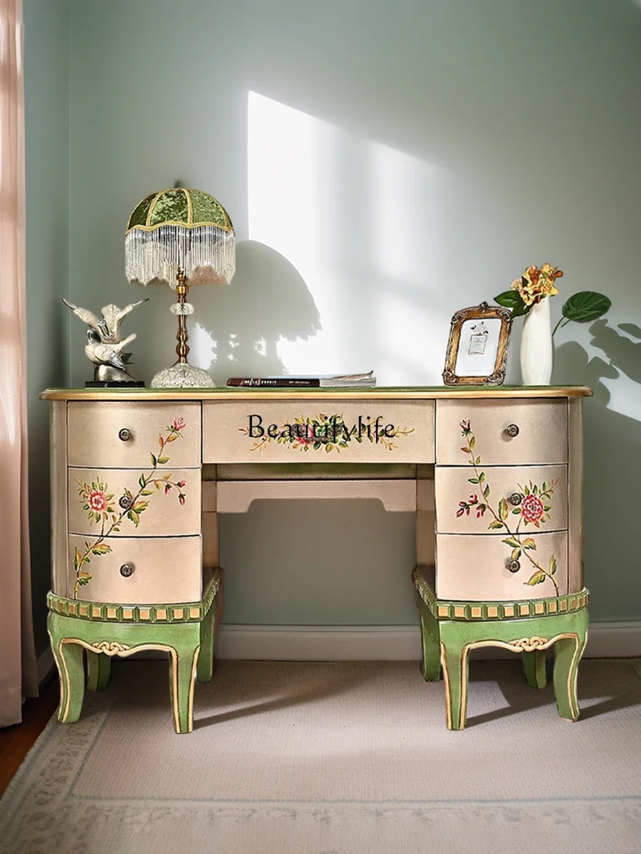 

pg45American Country Solid Wood Desk Hand-Painted Art Study Desk Retro Storage Storage Computer Desk
