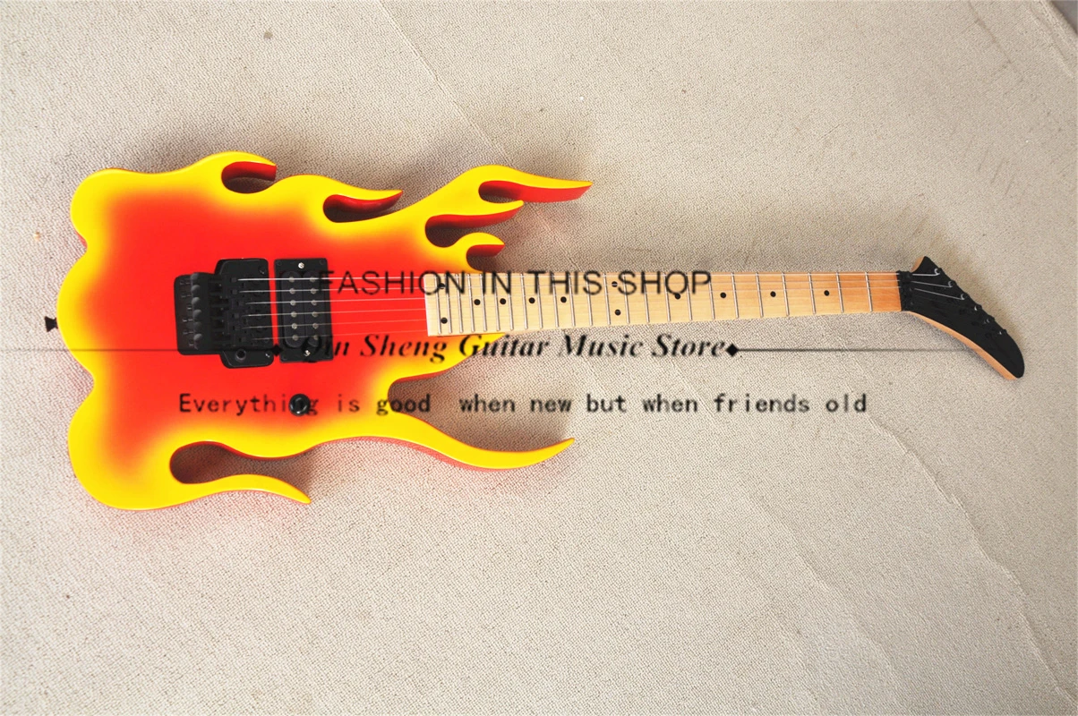 Classic Fire Electric Guitar Red Yellow Irregular Shape Guitar Tremolo Bridge Black Tuner Maple Fingerboard 24 Frets