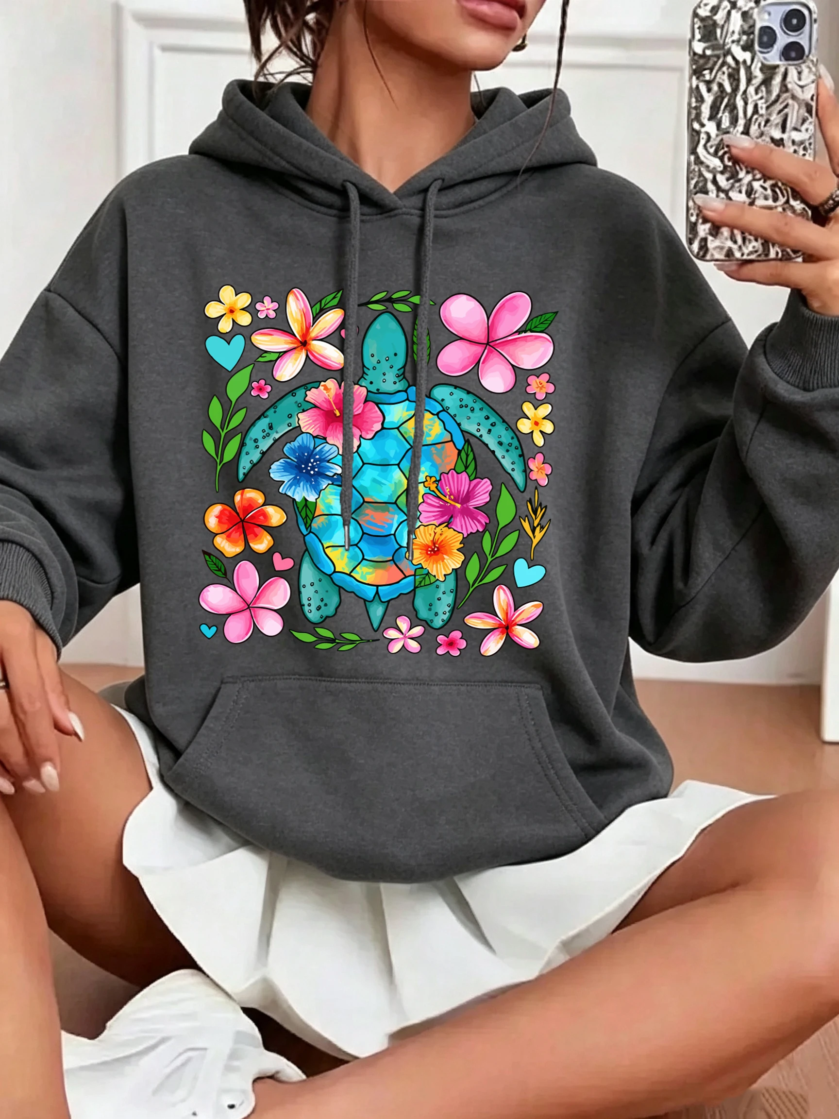 Heart Sea Turtle Tropical Hibiscus Flower Print Women Hoodie Autumn Loose Hoody Y2K Casual Streetwear Fleece Jogging Clothes