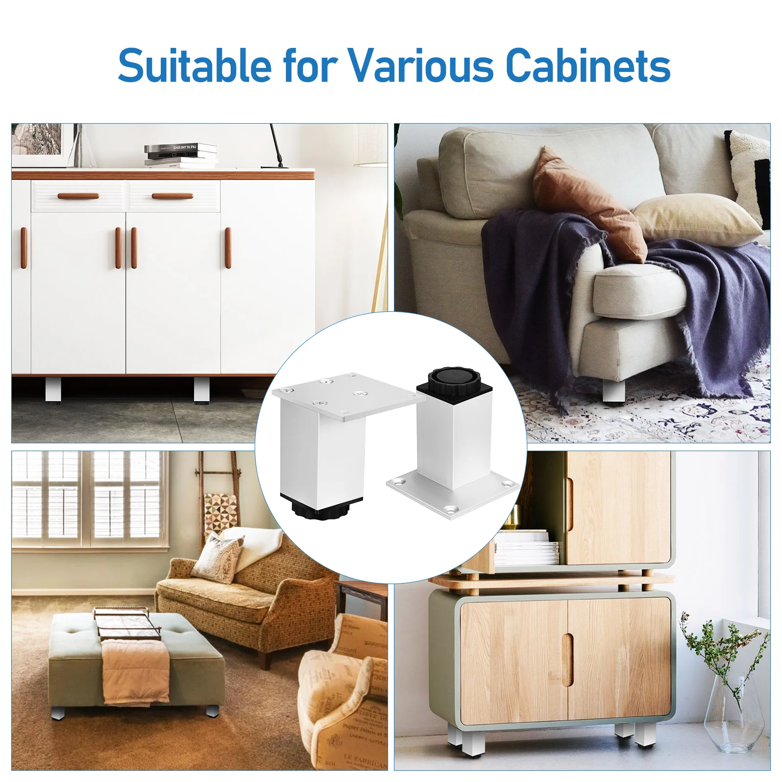 

4PCS Aluminum Square Feet 8CM Heavy Duty Adjustable Leveling Furniture Legs Non Slip Sturdy Modern Design Stable Support Shelf