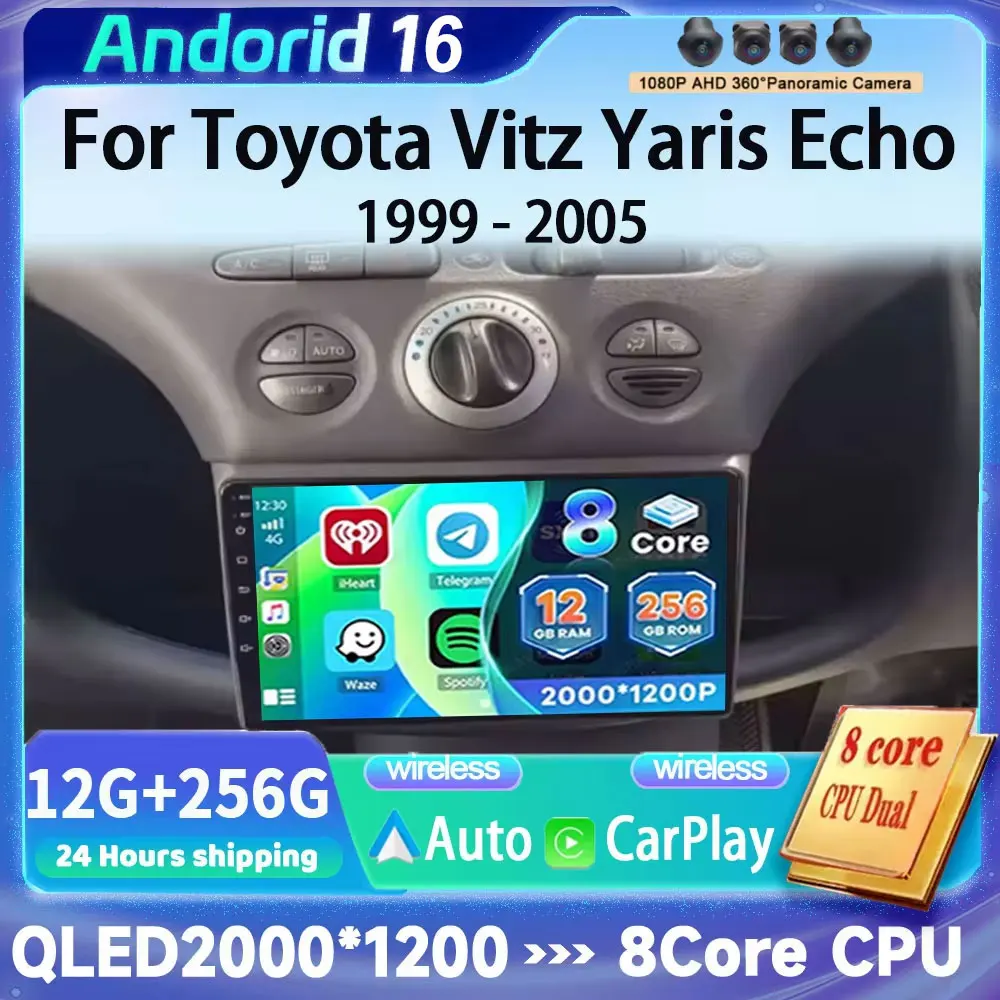 Carplay Auto Car Radio Android 16 For Toyota Vitz Yaris Echo 1999 - 2005 9-inch bottoms Navigation GPS Multimedia Player Stereo