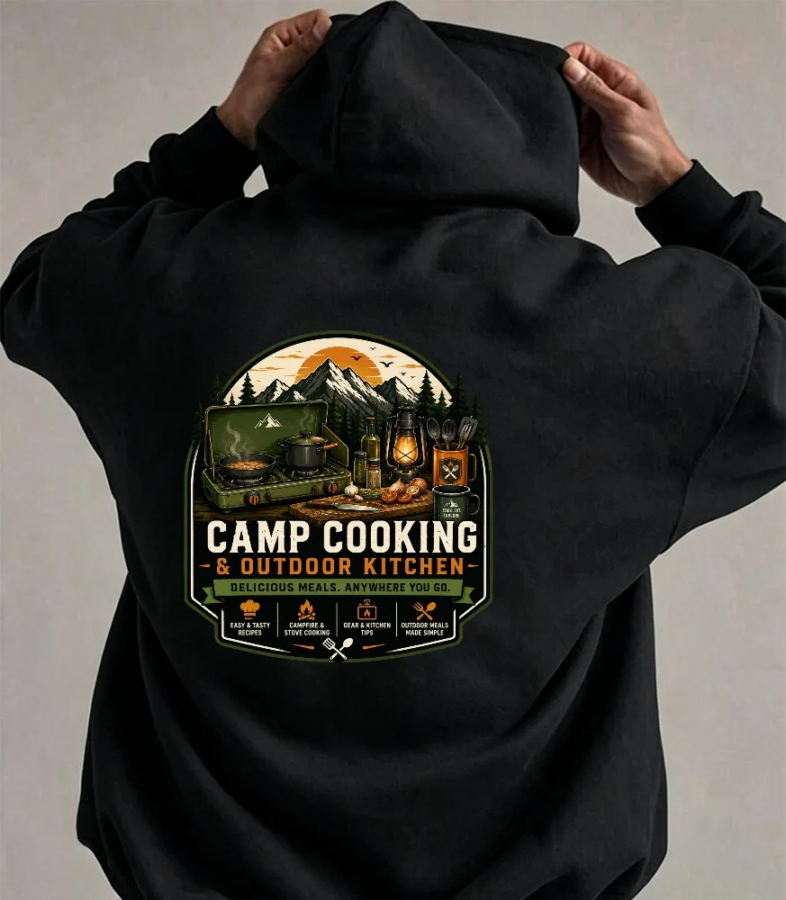 Camp Cooking & Outdoor Kitchen Mountain Sunset Camping Cookware Graphic Hoodie Wilderness Camper Cooking Quote Sweatshirt Tops