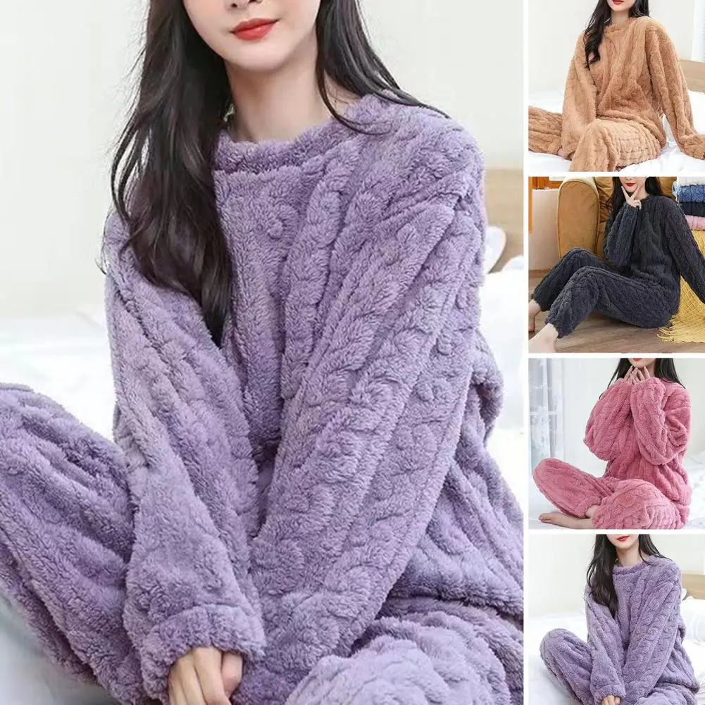 Plush Women Sleepwear Set Winter Thicken Velvet Ribbed Fleece Set Pullover Pants Women Casual Pajama Sets 2023 Winter Pajamas