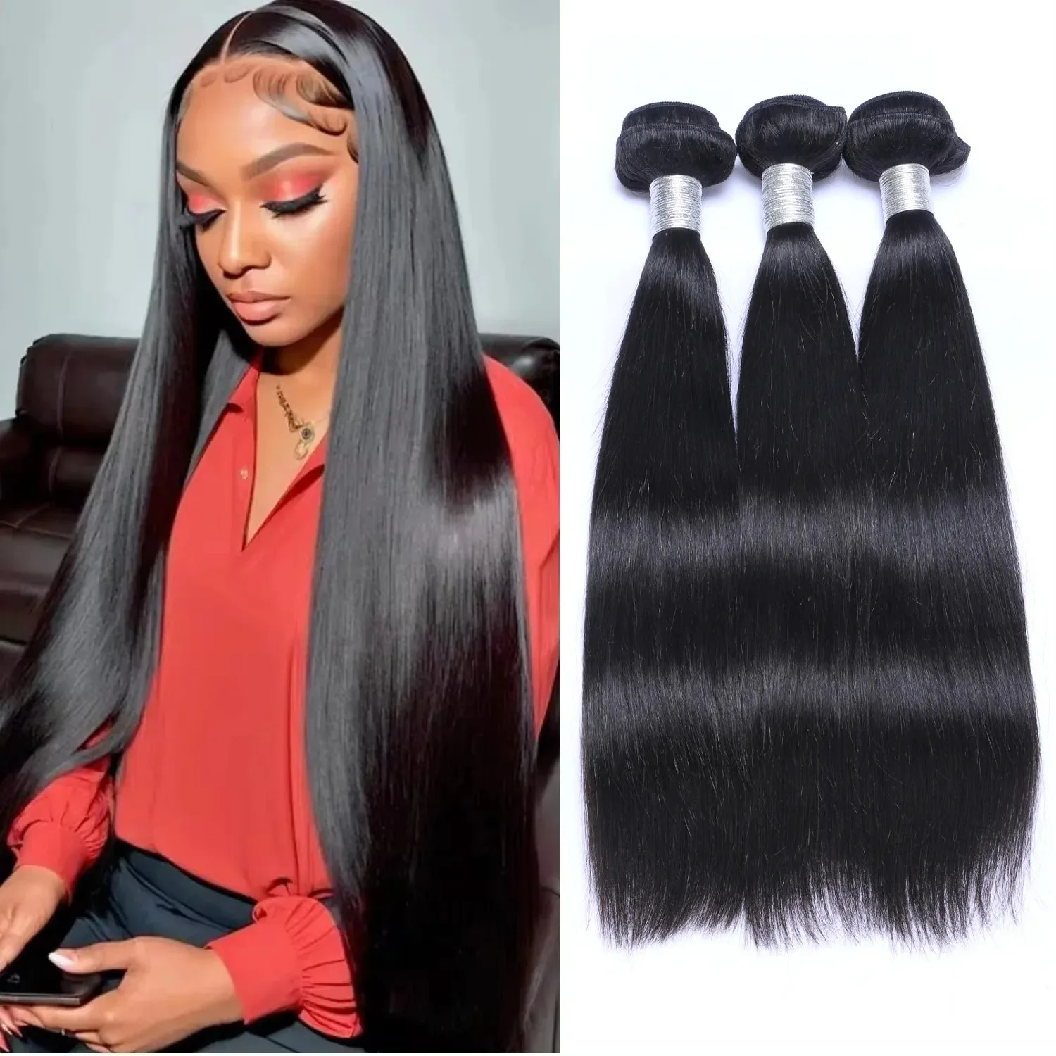 Hair Straight Human Hair Bundles Deal Brazilian Remy Hair 28 30 32 40 Inch Lace Closure 100% Natural Extensions For Women