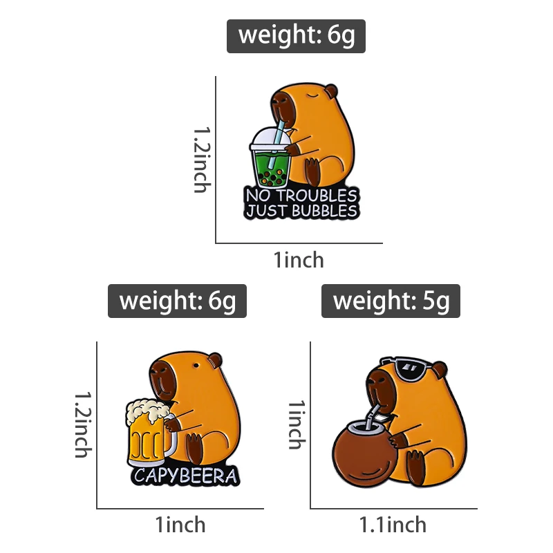 귀여운 카피바라 맥주 밀크티 에나멜 핀, 문제 없이 버블 브로치 옷깃 배지 쥬얼리, 친구 선물