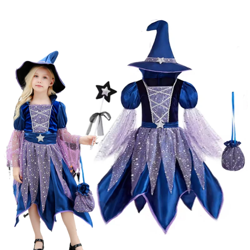 Halloween Party Costumes Witch Dress for Girls Kids Cosplay Carnival Witch Costume Pumpkin Dress Up With Bag Hat Wand Clothing