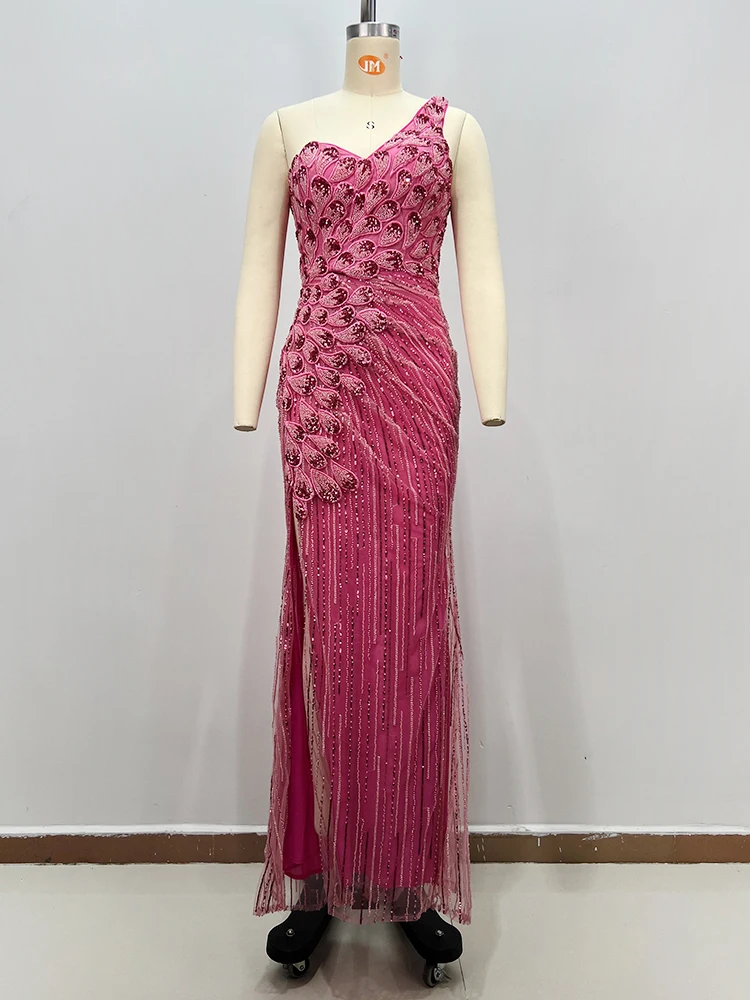2026 Luxury Pink Beaded One-Shoulder Mermaid Evening Gown for Women Peacock Feather Pattern Elegant Bodycon Formal Maxi Dress