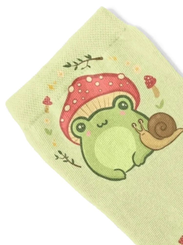 Cute Kawaii Frog with Toadstool Mushroom Hat and Snail: Cottagecore Aesthetic Love Socks New year's Woman Socks Men's