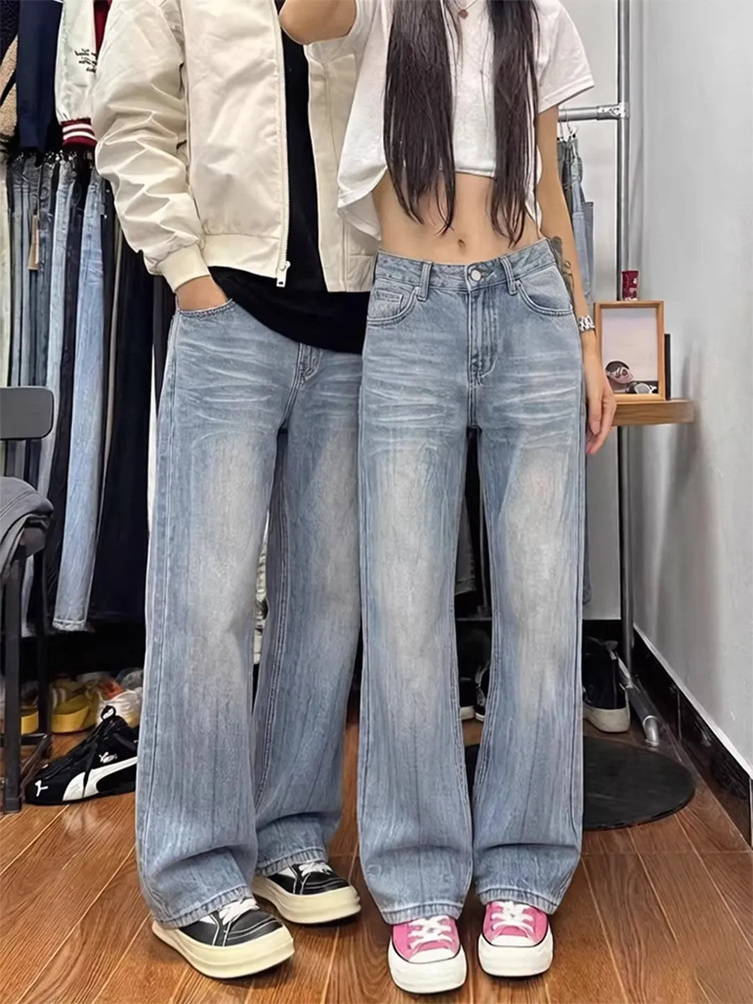 

Light Blue Waed Straight Leg Jeans Men's Cleanfit High Waist Slimming Micro Flare Long Pants Thunder Pattern Casual Jeans