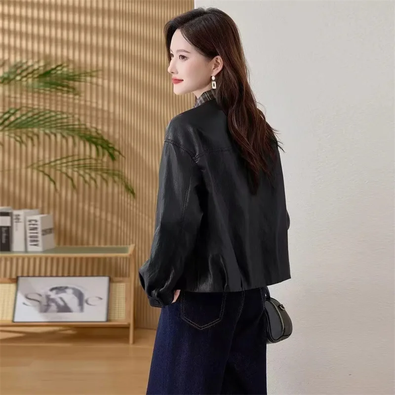 

Short Motorcycle Jacket Retro Collar Splicing PU Leather Coat for Women Spring Autumn New Vintage Loose Versatile Outerwear Top