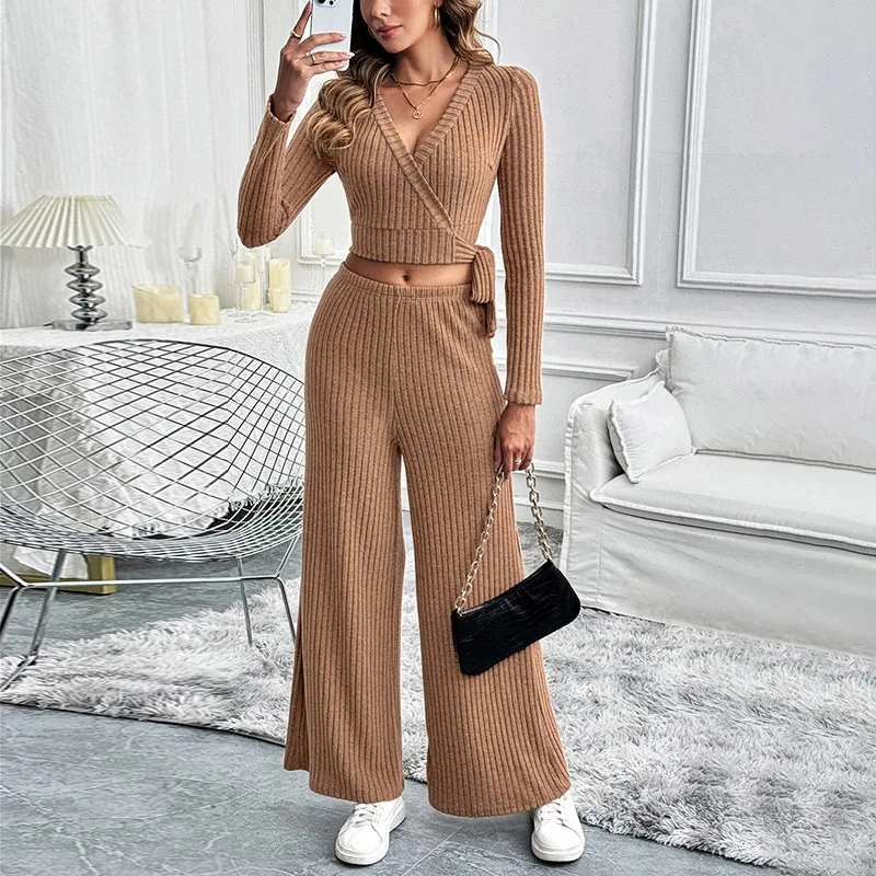 

Fashion V-neck lace up short top+elastic waist wide leg pants solid two-piece set for autumn/winter women's casual elegant set